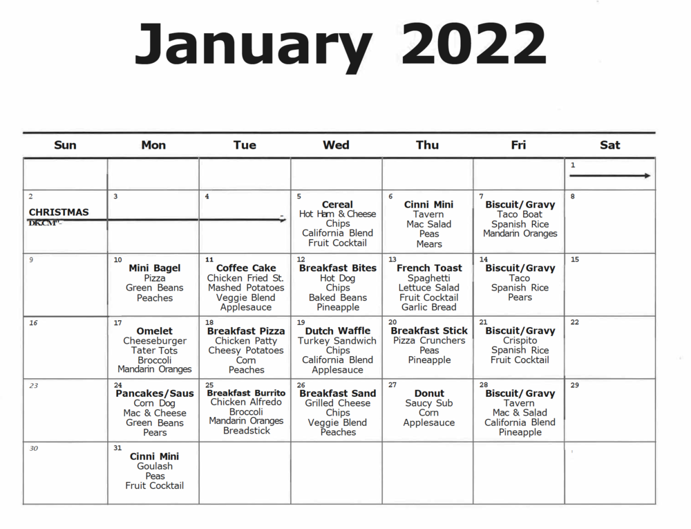 January 2022 Dining Menu