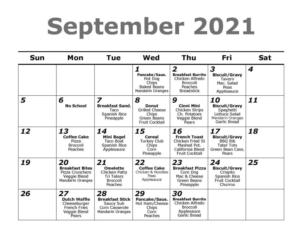 September Lunch Menu PENDER PUBLIC SCHOOLS